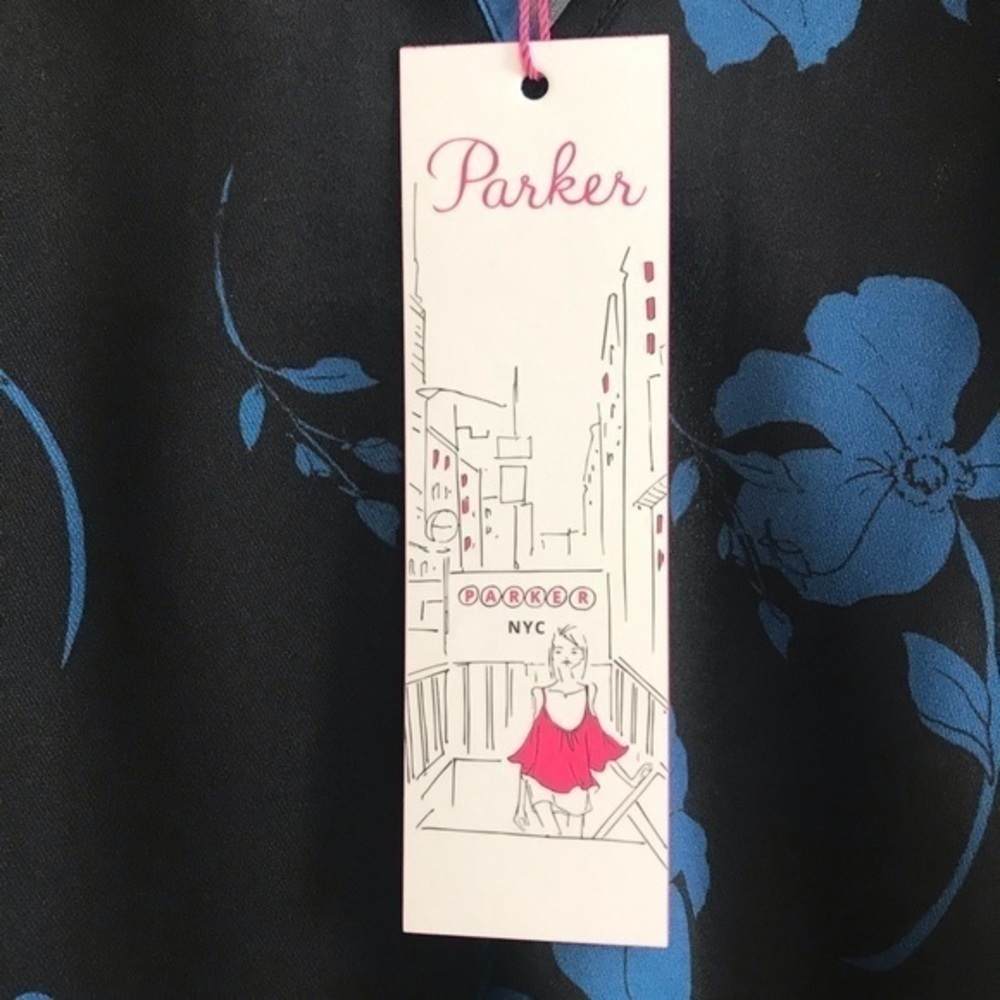 Parker Black Blue Floral Print Ruffle Long Sleeve Blouse Small - Picture 9 of 14